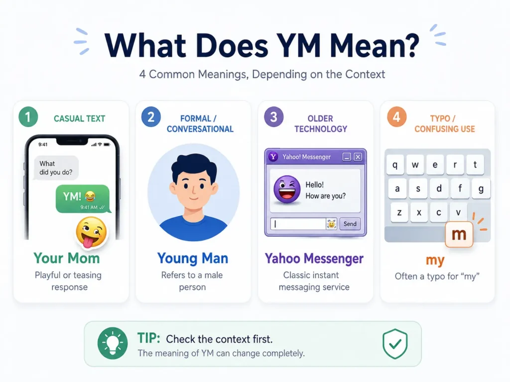 YM meaning infographic explaining four possible meanings—“Your Mom,” “Young Man,” “Yahoo Messenger,” and a typo for “my”—with a reminder to check the context.