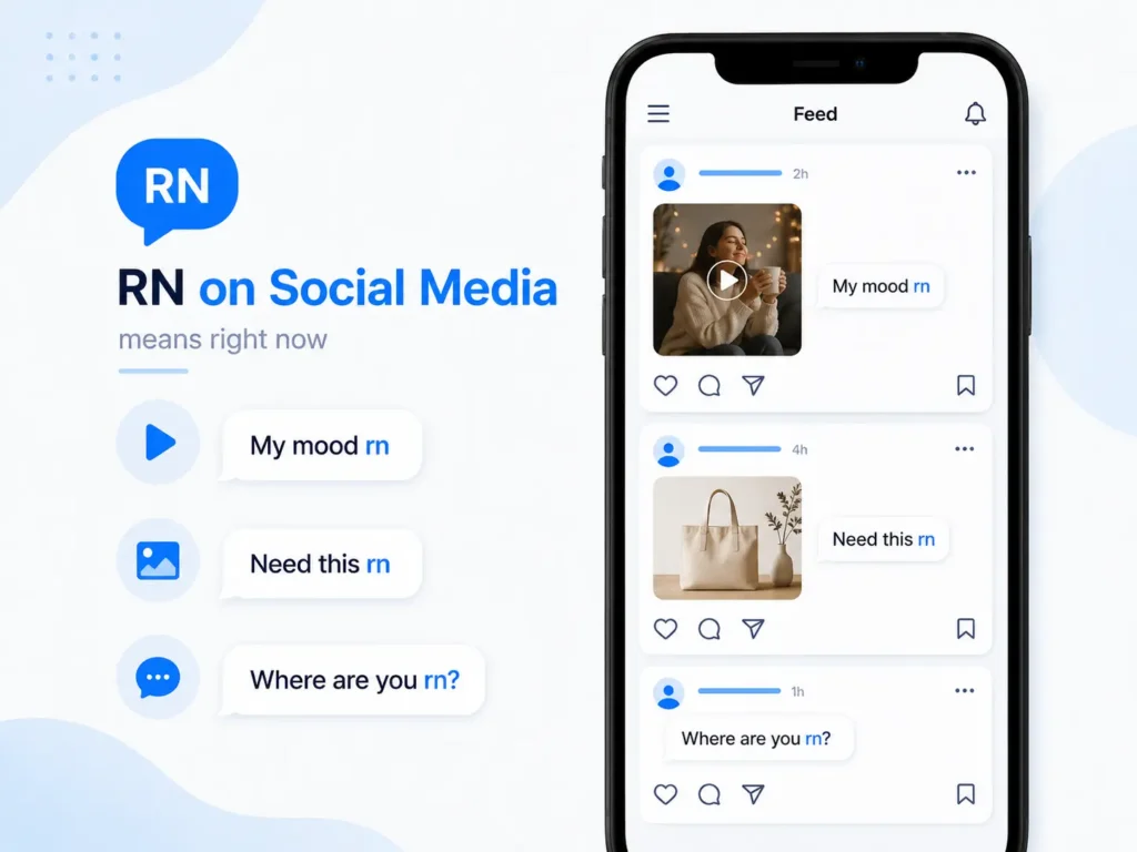 RN meaning on social media infographic showing examples like “My mood rn,” “Need this rn,” and “Where are you rn?” to explain that RN means “right now.”