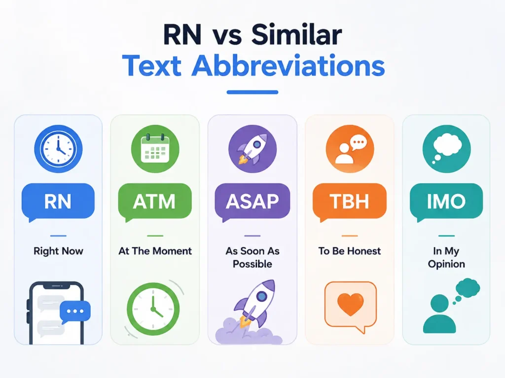RN vs similar texting abbreviations infographic comparing RN, ATM, ASAP, TBH, and IMO with their meanings.