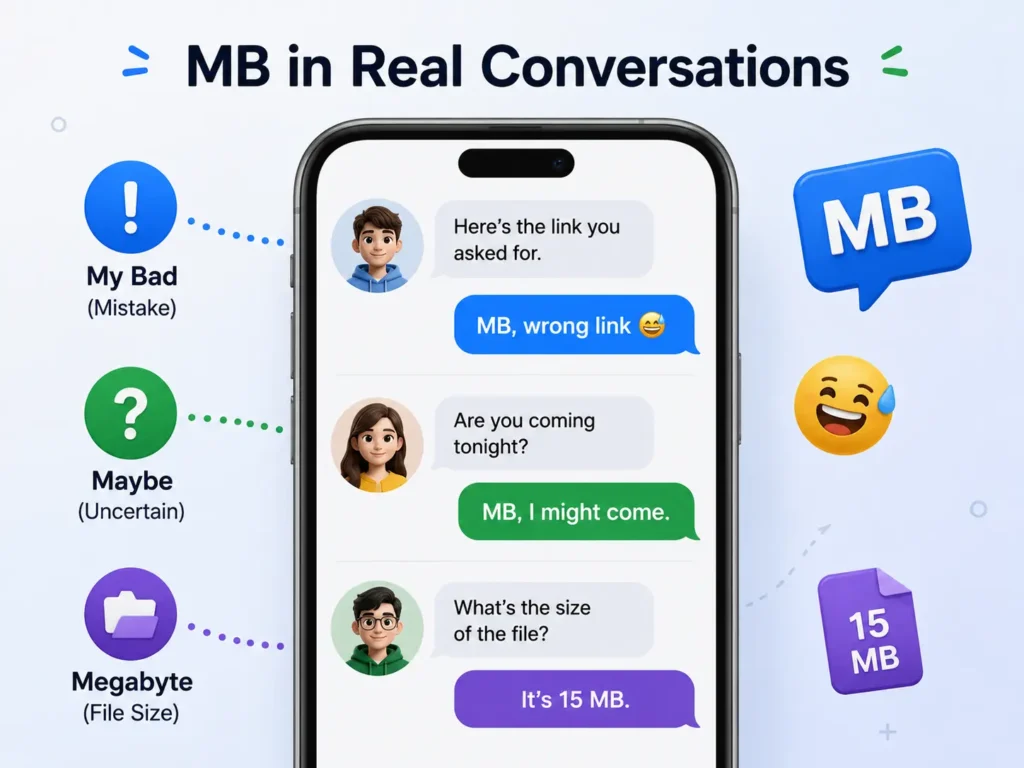MB in real conversations infographic showing examples of MB meaning My Bad for a mistake, Maybe for uncertainty, and Megabyte for file size.