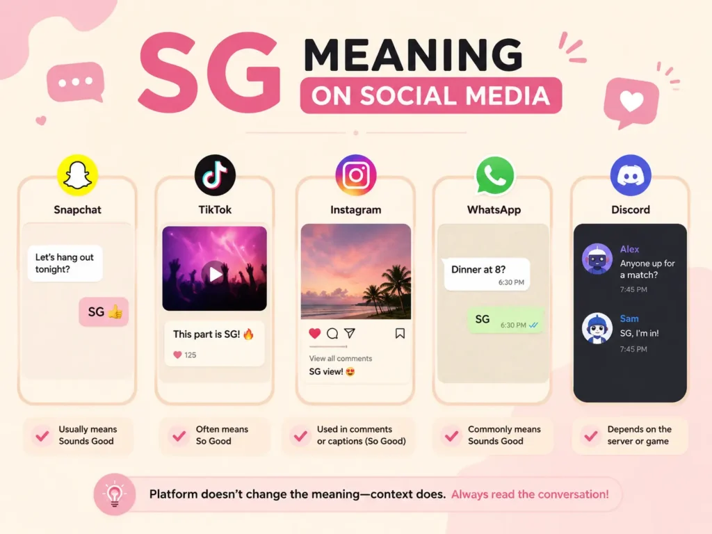 SG Meaning on Social Media infographic showing how SG is used on Snapchat, TikTok, Instagram, WhatsApp, and Discord, with examples of “Sounds Good” and “So Good” on a cream and pink background.