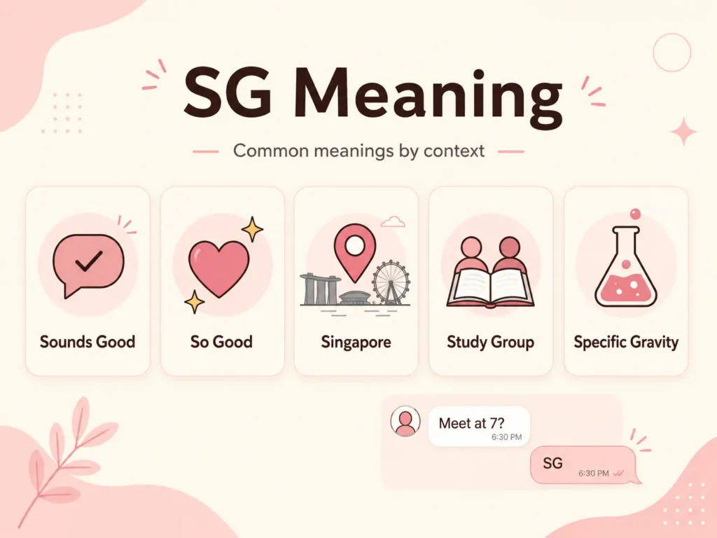 SG Meaning infographic showing Sounds Good, So Good, Singapore, Study Group, and Specific Gravity with simple icons and a text-message example on a cream and pink background.