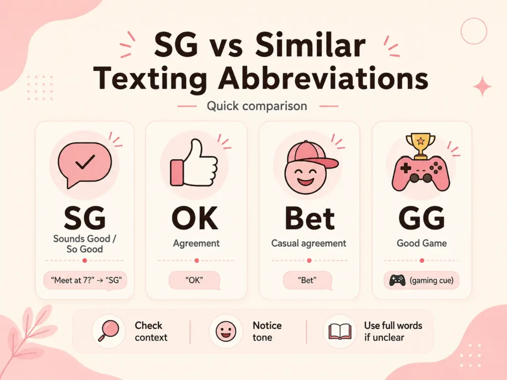 SG vs similar texting abbreviations infographic comparing SG, OK, Bet, and GG, with their meanings and context tips on a cream and pink background.