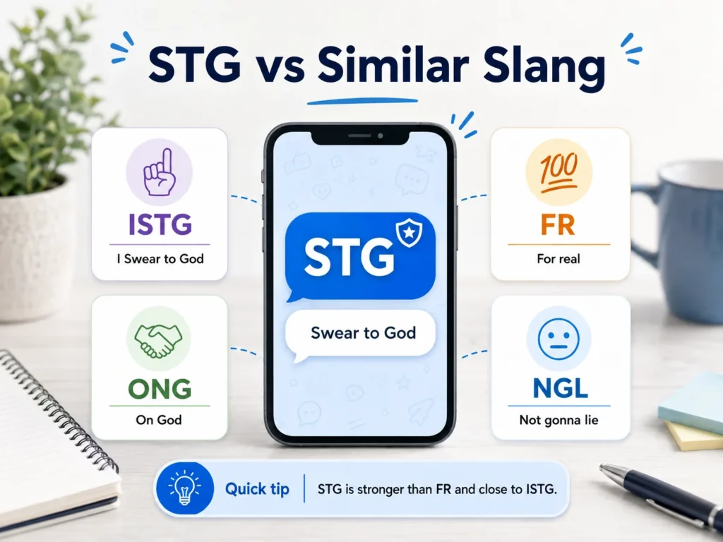 STG vs similar slang infographic comparing STG with ISTG, ONG, FR, and NGL meanings in texting.