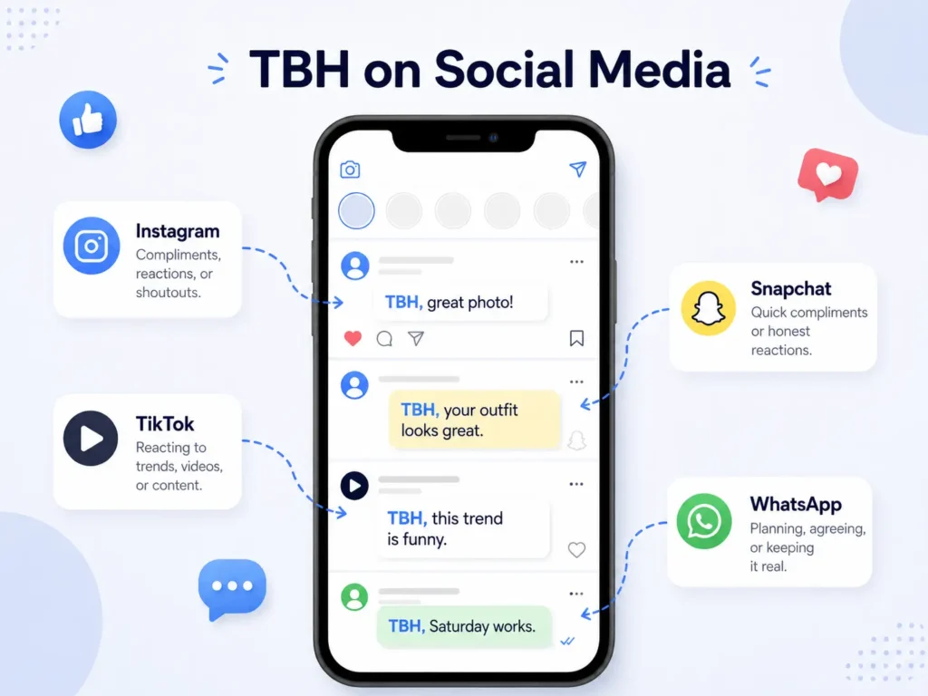 TBH on social media infographic showing examples of “TBH” used on Instagram, Snapchat, TikTok, and WhatsApp.