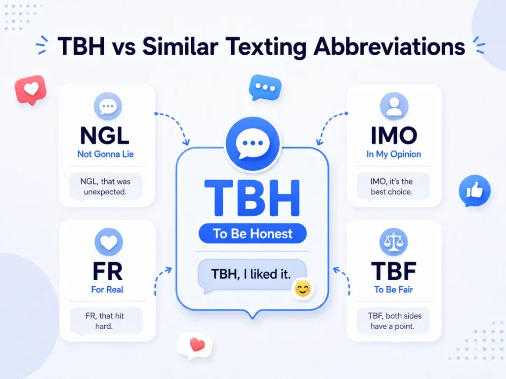 TBH vs similar texting abbreviations infographic comparing TBH with NGL, IMO, FR, and TBF meanings and examples.
