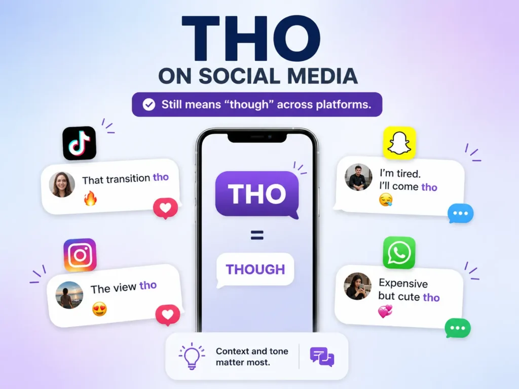 THO on social media infographic showing that “tho” means “though” across TikTok, Instagram, Snapchat, and WhatsApp, with casual message examples.