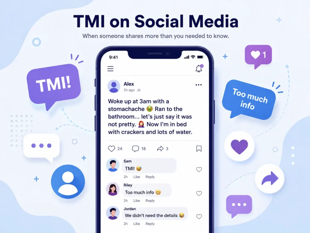 TMI on social media infographic showing an oversharing post with comments reacting “TMI” and “Too much info.”