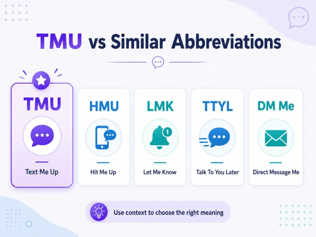 TMU vs. similar abbreviations infographic comparing Text Me Up with HMU, LMK, TTYL, and DM Me.