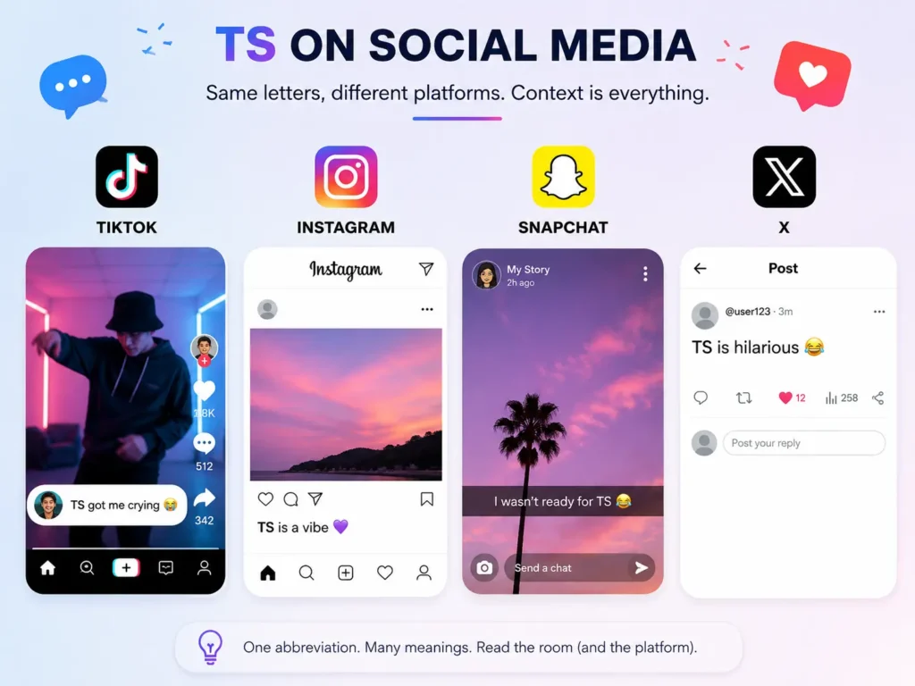 TS meaning on social media infographic showing examples on TikTok, Instagram, Snapchat, and X, with context explaining how TS changes by platform.