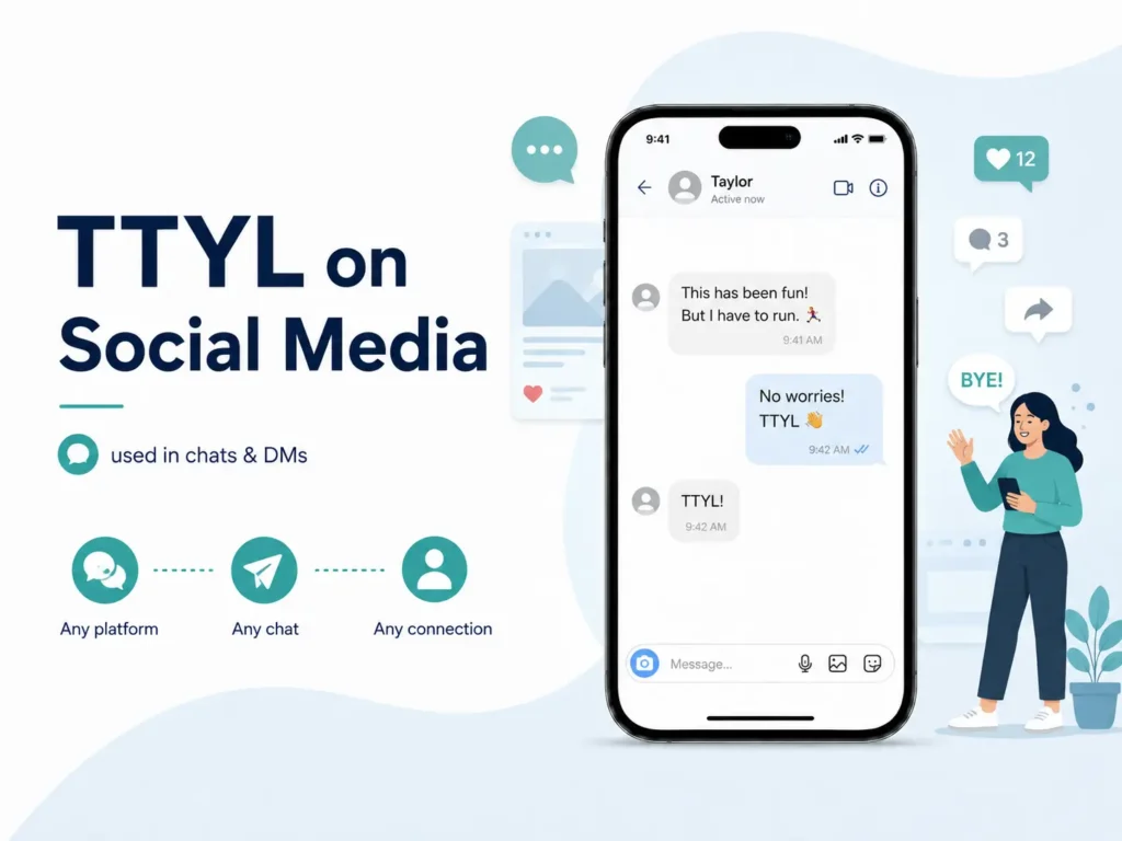 TTYL on social media infographic showing a smartphone DM conversation, chat icons, and a user waving goodbye to illustrate “Talk To You Later.”