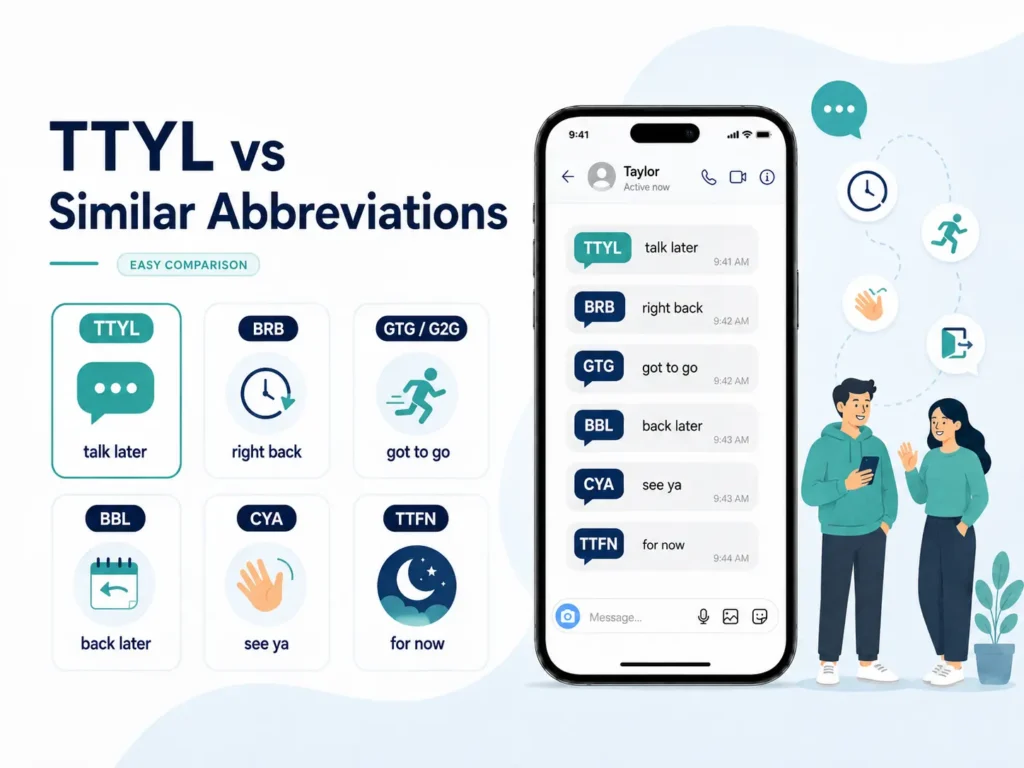 TTYL vs similar texting abbreviations infographic comparing TTYL, BRB, GTG, BBL, CYA, and TTFN with simple meanings and chat examples.