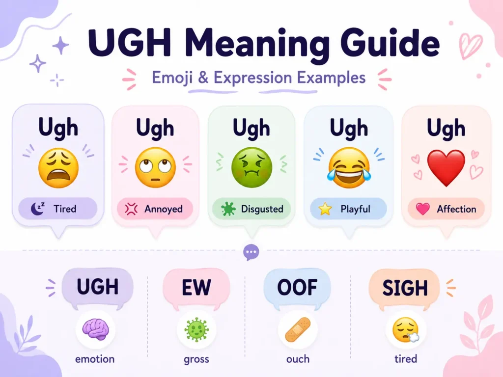 UGH meaning guide infographic showing tired, annoyed, disgusted, playful, and affectionate emoji examples, plus comparisons with EW, OOF, and SIGH.