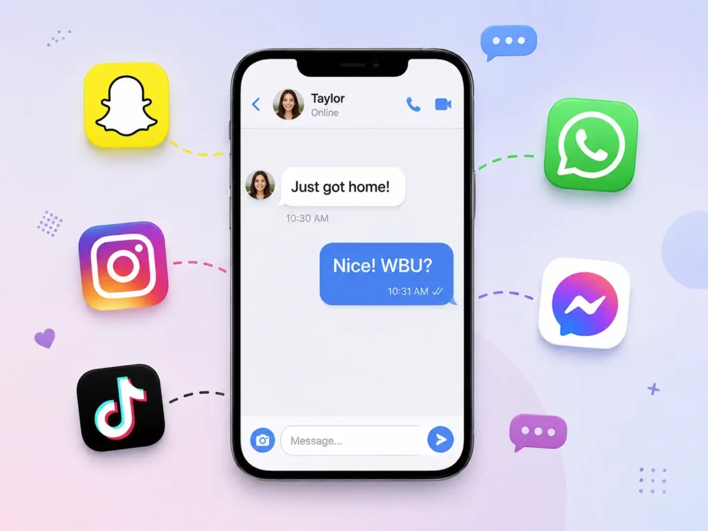 WBU meaning on social media shown in a smartphone chat with Snapchat, Instagram, TikTok, WhatsApp, and Messenger icons.