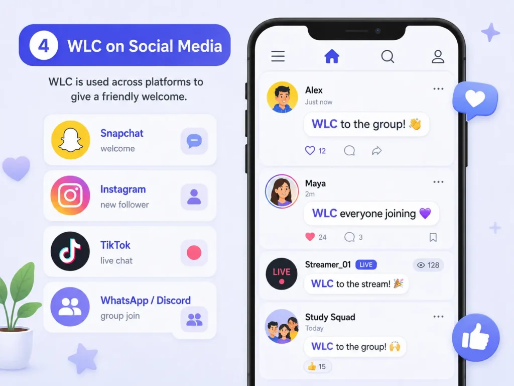 Infographic showing WLC meaning “welcome” across social media, with examples for new followers, livestream viewers, and group members