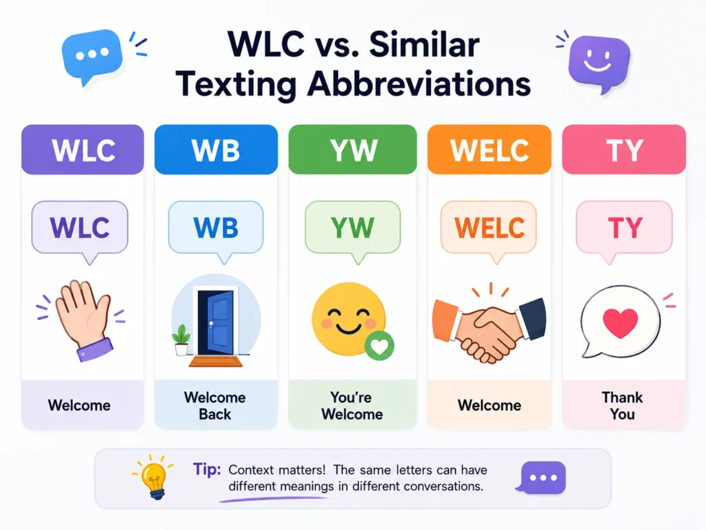 Comparison infographic showing WLC meaning “welcome” alongside WB, YW, WELC, and TY with their common texting meanings.