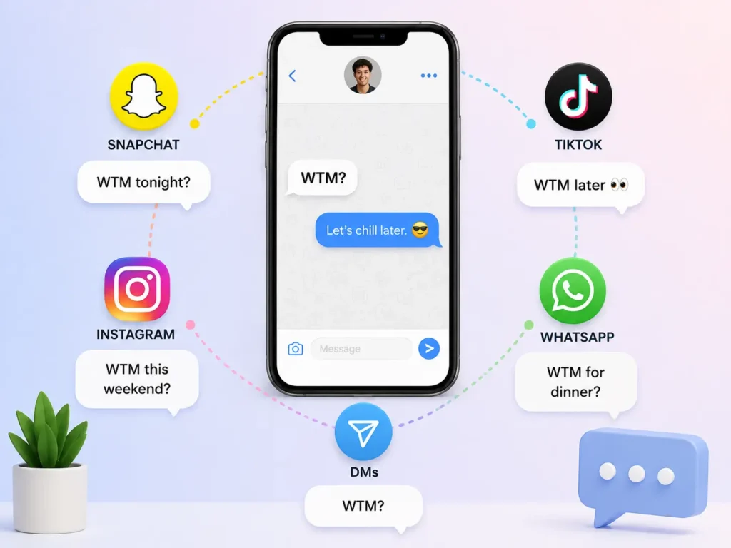 WTM meaning on social media with examples of WTM in Snapchat, Instagram, TikTok, WhatsApp, and direct messages.