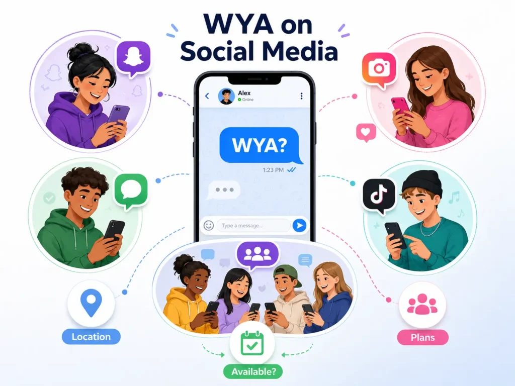 WYA on social media infographic showing WYA used in messages to ask about location, availability, and plans.