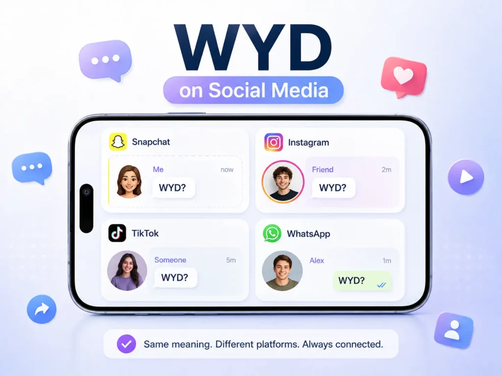 WYD meaning on social media infographic showing “WYD?” messages across Snapchat, Instagram, TikTok, and WhatsApp.