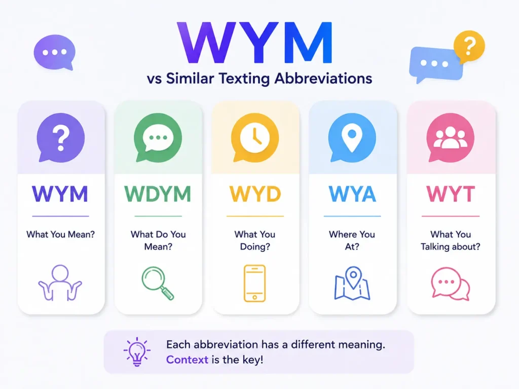 WYM vs similar texting abbreviations showing WYM, WDYM, WYD, WYA, and WYT with their meanings in online chat.
