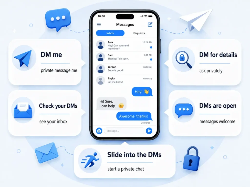 Common DM phrases infographic showing “DM me,” “Check your DMs,” “DM for details,” “DMs are open,” and “Slide into the DMs” around a smartphone chat.