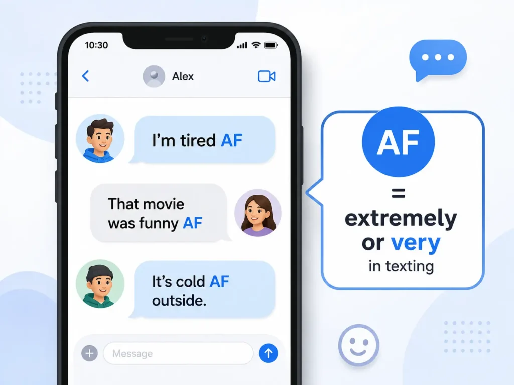 AF meaning in texting infographic showing examples like “I’m tired AF” and explaining that AF means “extremely” or “very.”
