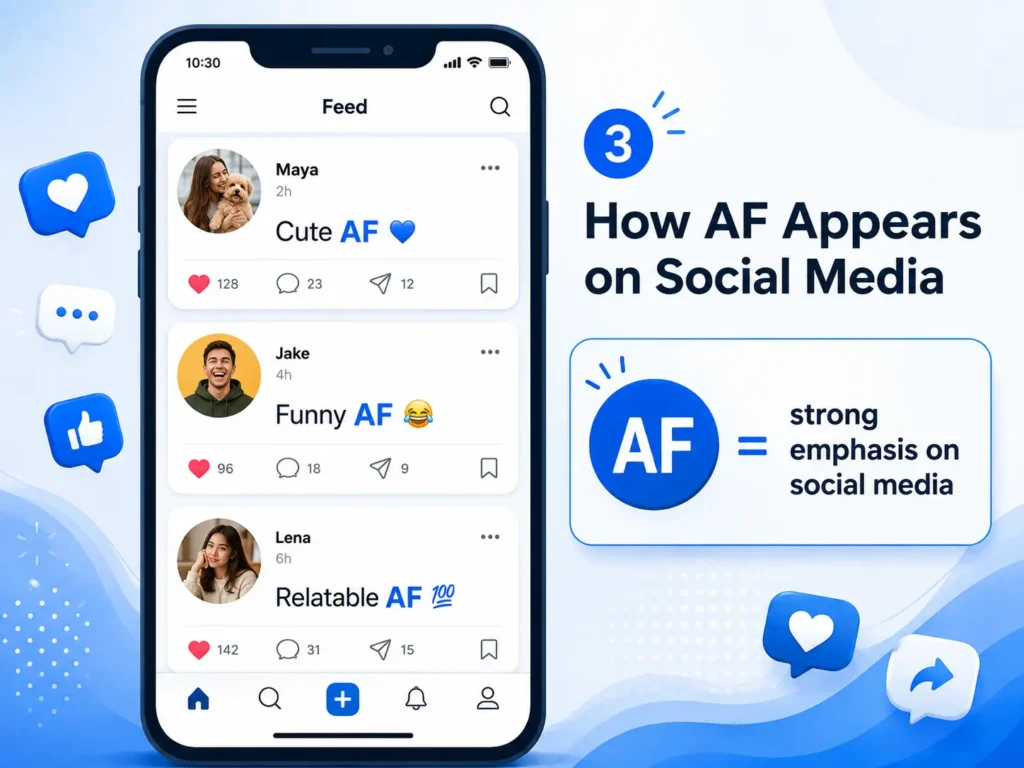 AF meaning on social media infographic showing examples like “Cute AF,” “Funny AF,” and “Relatable AF” to explain strong emphasis in posts and comments.