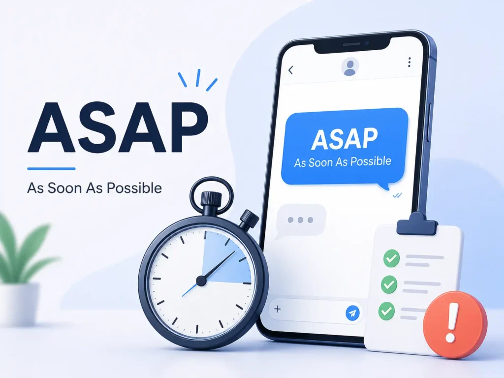 ASAP meaning infographic showing “As Soon As Possible” with a smartphone message, stopwatch, checklist, and urgency icon.