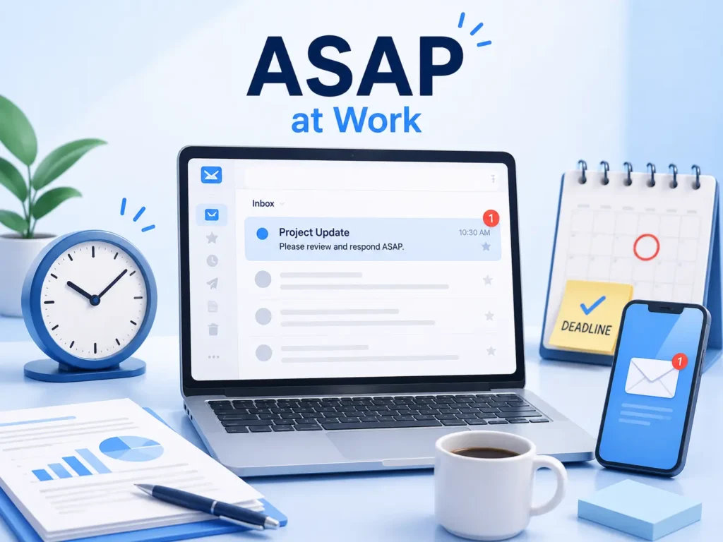 ASAP at work infographic showing an urgent project email on a laptop, a deadline calendar, clock, and workplace desk setup.