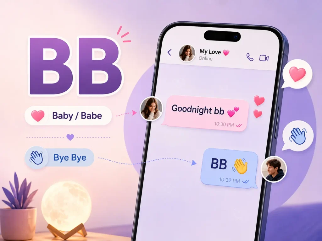 BB meaning illustration showing “Baby/Babe” and “Bye Bye” uses in a smartphone chat with affectionate and goodbye message examples.