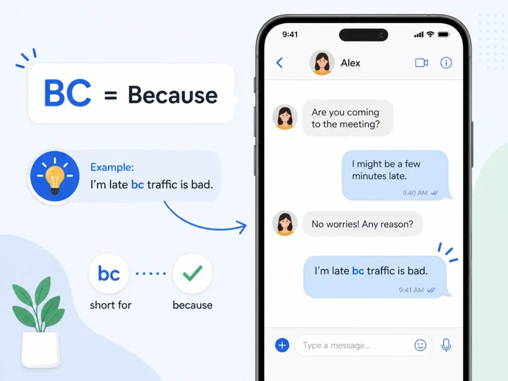 BC meaning in texting infographic showing BC as short for “because” with a smartphone chat example: “I’m late bc traffic is bad.”