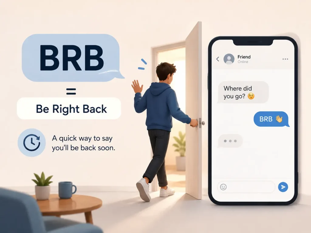 BRB meaning infographic showing “Be Right Back,” a person stepping away, and a phone chat illustrating BRB as a short temporary pause.