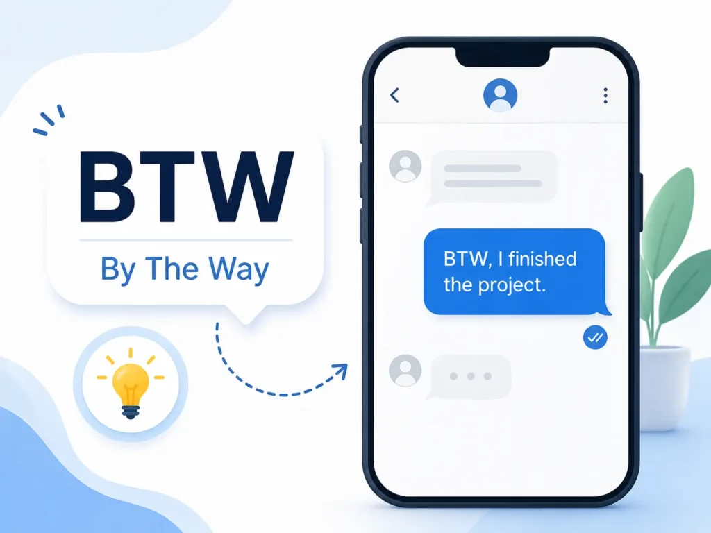 BTW meaning infographic showing “BTW = By The Way” with a smartphone chat example using “BTW, I finished the project.”