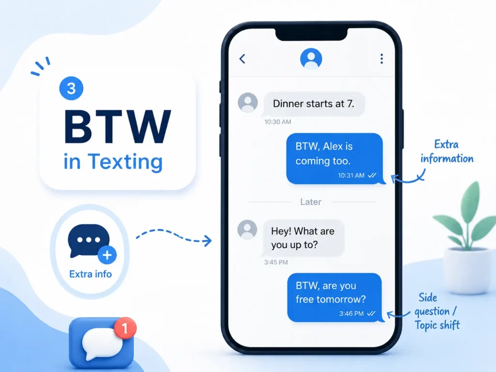 BTW in texting infographic showing chat examples of using “BTW” to add extra information, ask a side question, or shift the topic.