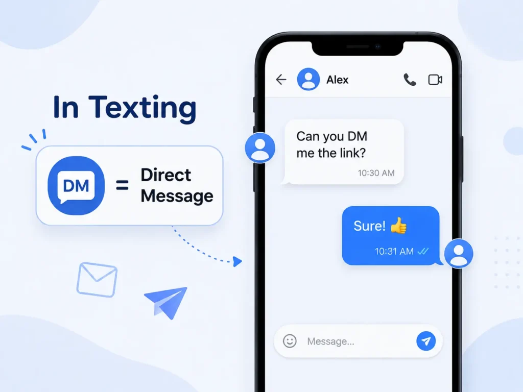 DM meaning in texting showing a smartphone conversation with “Can you DM me the link?” and a visual guide explaining DM as “Direct Message.”