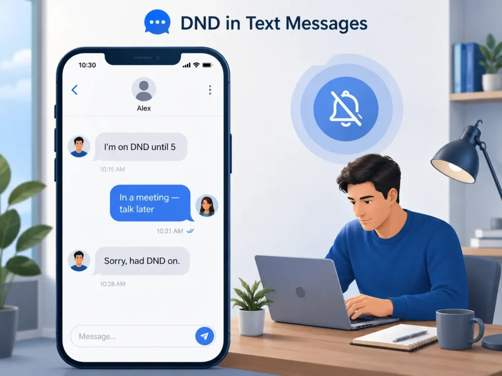 DND in text messages illustration showing a person using Do Not Disturb while working, with chat examples explaining temporary unavailability.