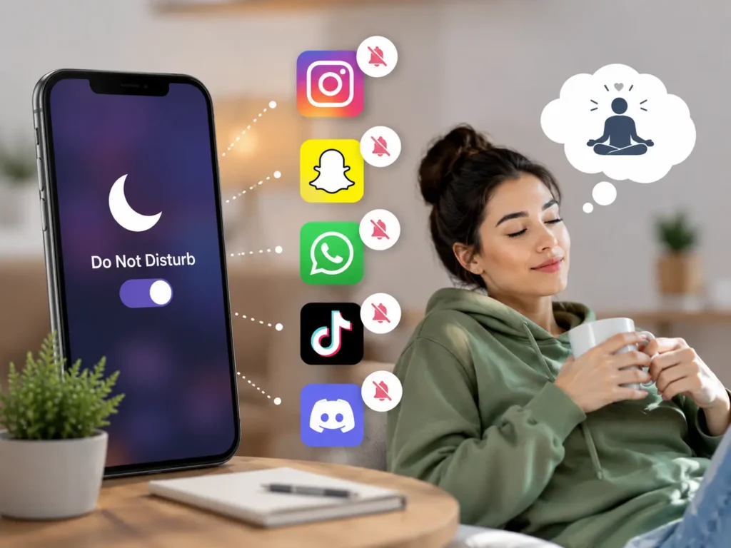 DND on social media illustration showing muted Instagram, Snapchat, WhatsApp, TikTok, and Discord notifications while a person relaxes offline.