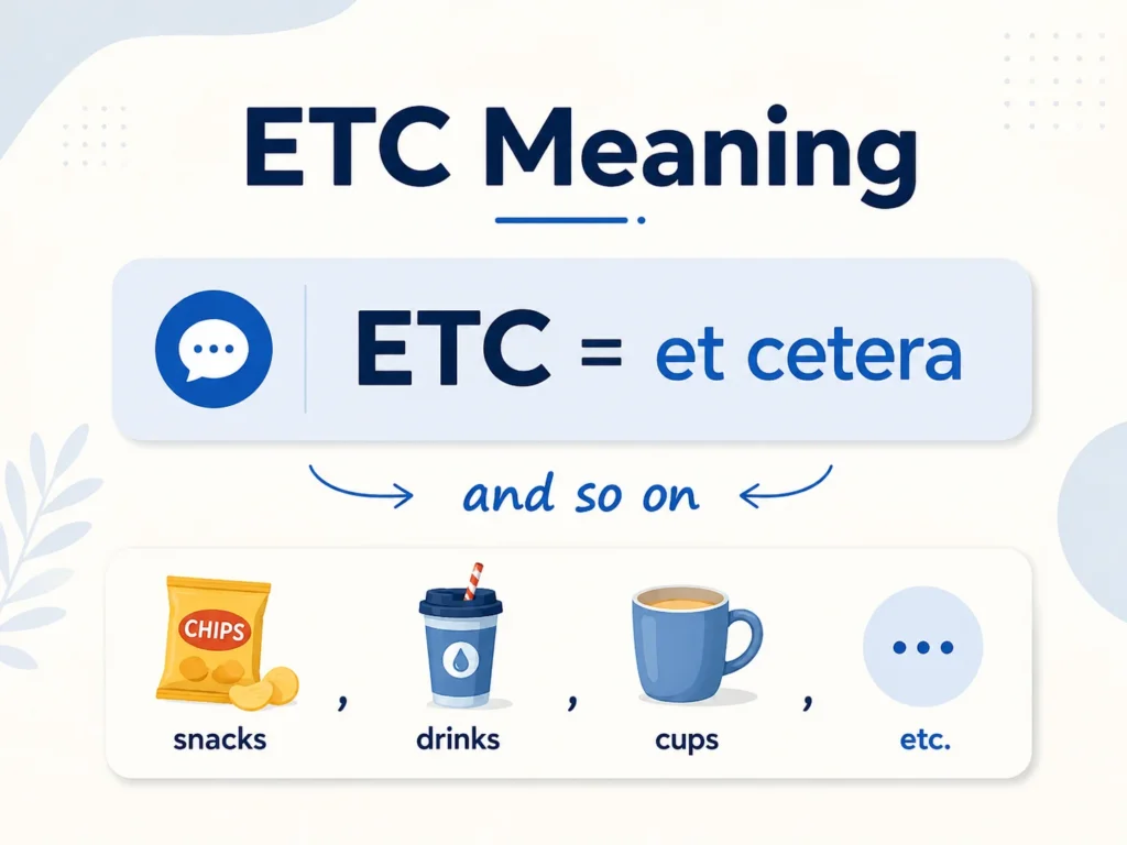 ETC meaning infographic showing “ETC = et cetera,” “and so on,” with snacks, drinks, cups, and etc. as a simple list example.
