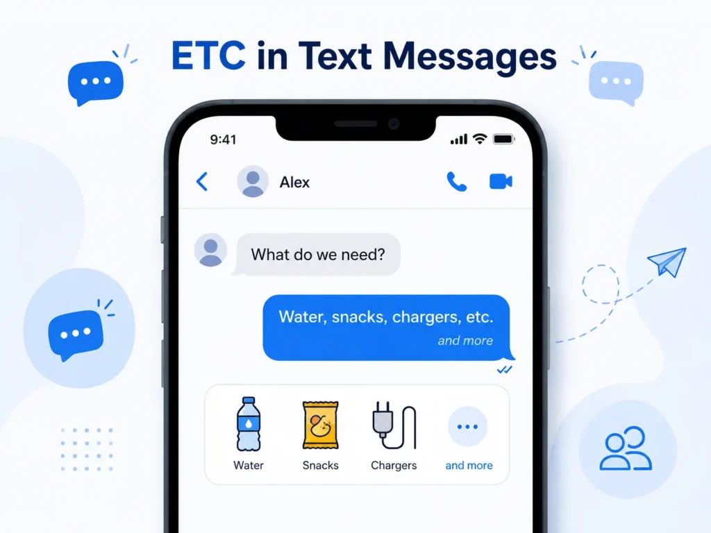 ETC in text messages infographic showing a chat example with “Water, snacks, chargers, etc.” to explain that ETC means “and more.”