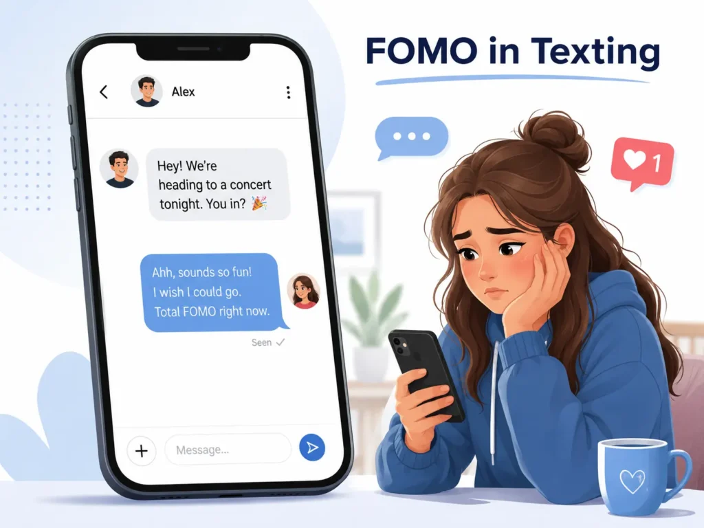 FOMO in texting illustration showing a chat about missing a concert and a person feeling left out while looking at their phone.
