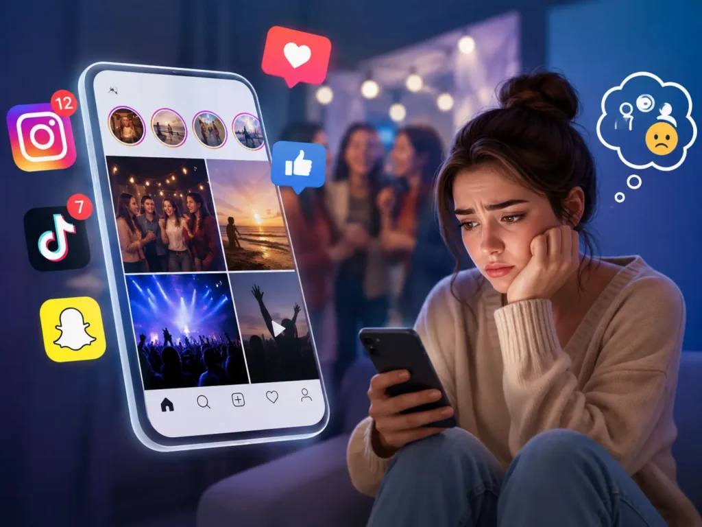 FOMO on social media illustration showing a woman feeling left out while viewing parties, travel posts, and notifications on her phone.