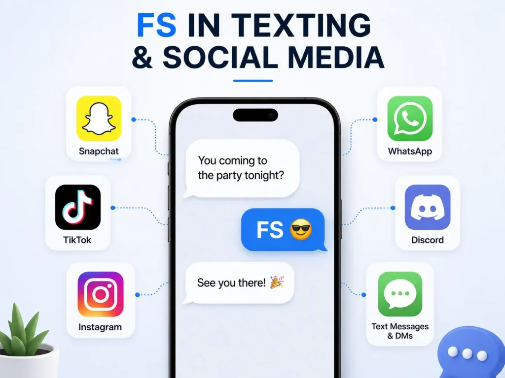 FS in texting and social media infographic showing FS used in a chat across Snapchat, TikTok, Instagram, WhatsApp, Discord, and DMs.