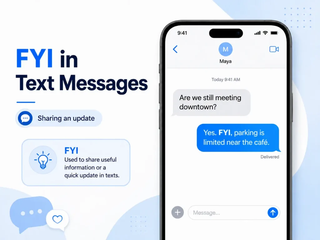 FYI meaning in text messages infographic showing how “For Your Information” is used to share a useful update in a chat.