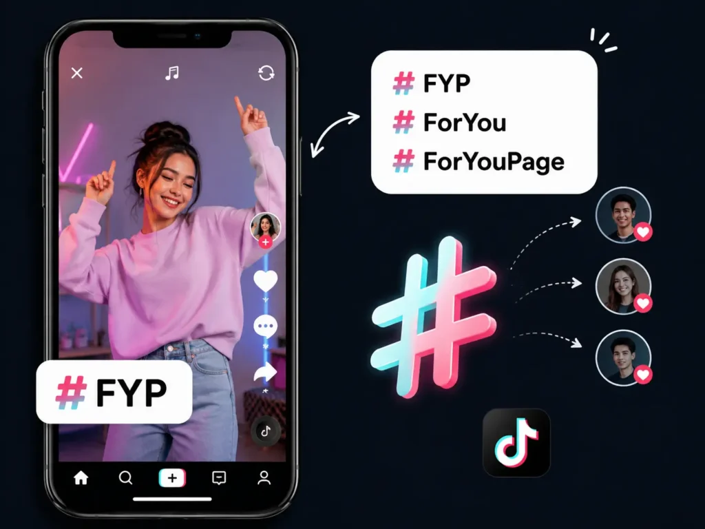 TikTok #FYP infographic showing a creator using FYP, ForYou, and ForYouPage hashtags to reach viewers through recommended content.