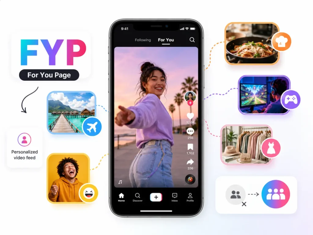 FYP meaning infographic showing TikTok’s For You Page with a personalized video feed and recommended content based on user interests.