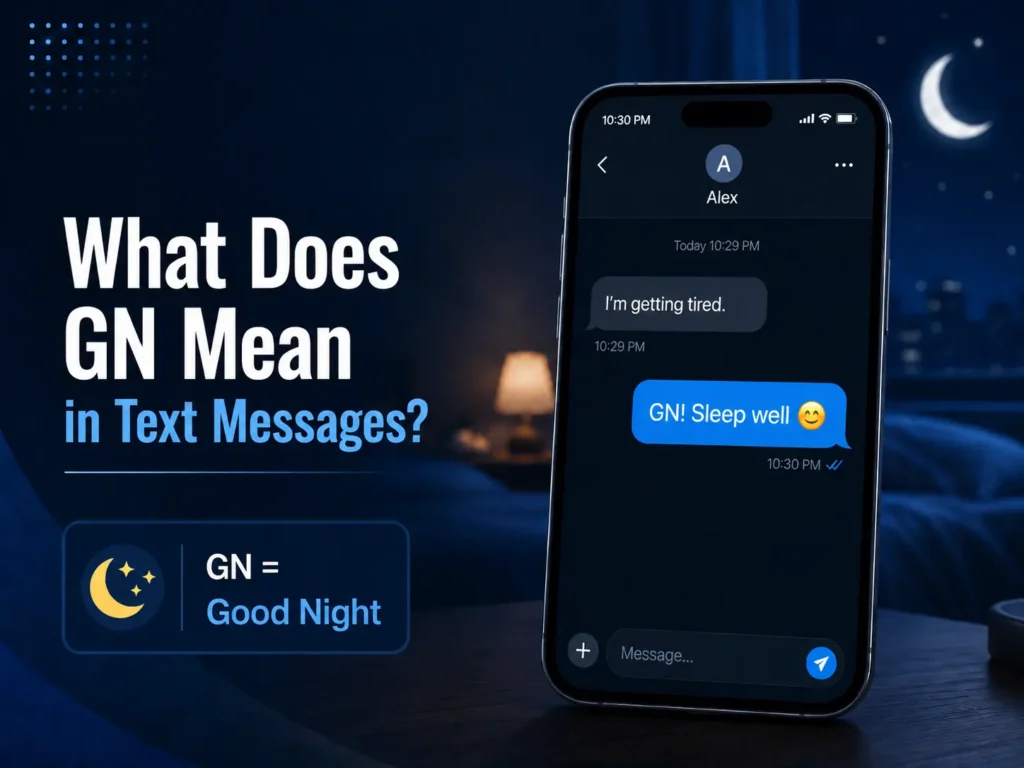 GN meaning in text messages showing a smartphone conversation with “GN! Sleep well 😊” and a visual explanation that GN means “Good Night.”