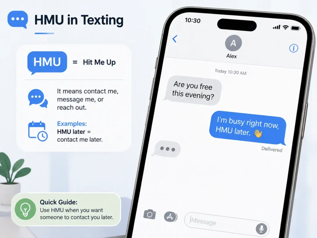HMU in texting meaning “Hit Me Up” with a smartphone chat example showing “HMU later” as a casual way to ask someone to contact you.