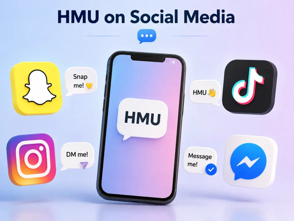 HMU on social media meaning “Hit Me Up,” shown with a smartphone and Snapchat, Instagram, TikTok, and Messenger icons for messaging and DMs.
