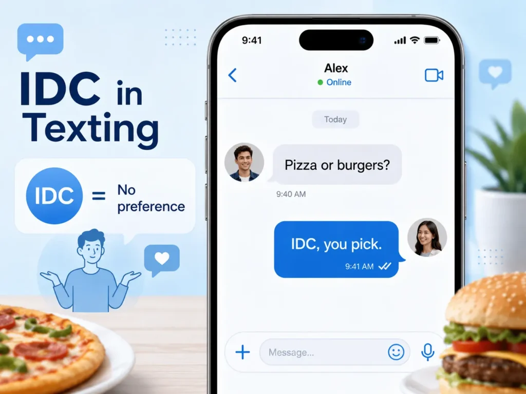 IDC meaning in texting example showing “Pizza or burgers?” and the reply “IDC, you pick,” explaining that IDC can mean no preference.