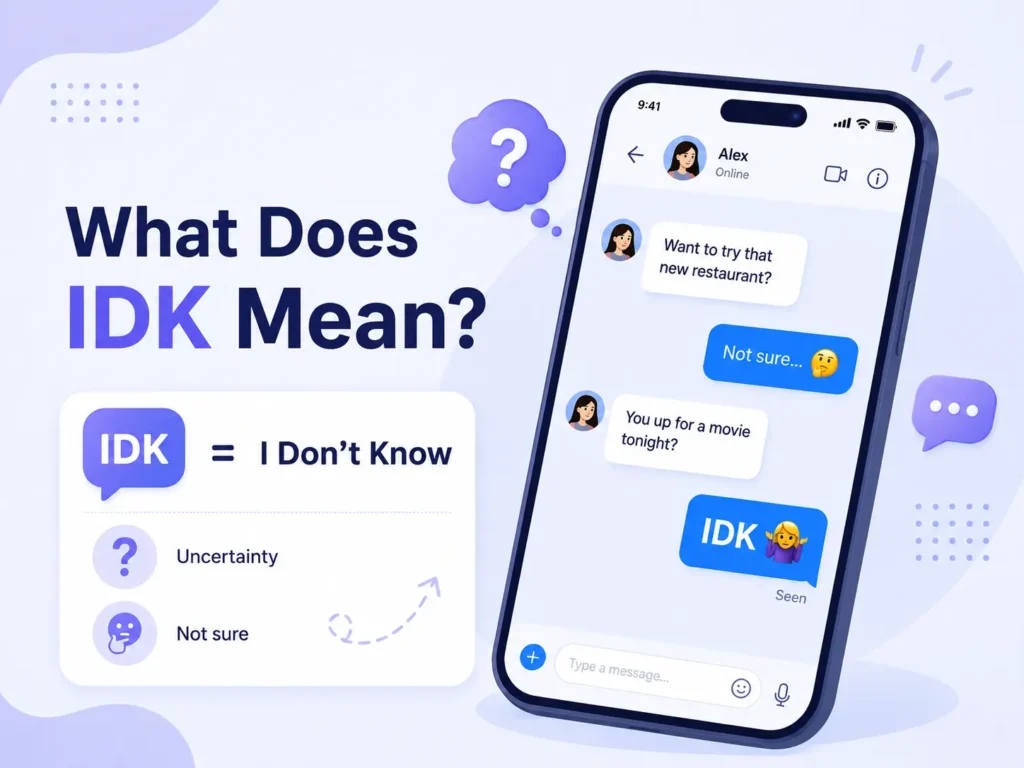 What Does IDK Mean infographic showing “IDK = I Don’t Know” with a smartphone chat example expressing uncertainty and hesitation.